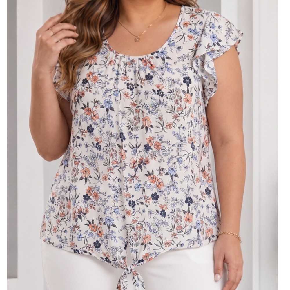OLM Women White Floral Ruffle Sleeve Tie Front Blouse Plus Size 2X Lightweight